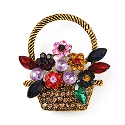 Flower Colorful Rhinestone Flower Brooch Pin, Cute Alloy Badge for Backpack Clothes, Antique Golden, Floral Pattern, 44x40x9mm