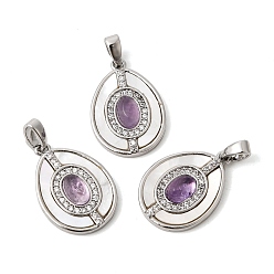 Аметист Подвески из натурального аметиста с ракушками, Подвески в форме капли с латунными микропаве из прозрачных кубических цирконий., платина, 19~19.5x13.5~14x4.5~5 мм, отверстие : 2.5x4.8 мм