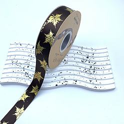 Coconut Brown 48 Yards Thanksgiving Day Polyester Satin Ribbons, Gold Stamping Maple Leaf, Coconut Brown, 1 inch(25mm), about 48.00 Yards(43.89m)/Roll