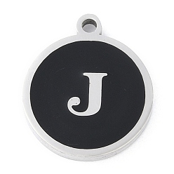 Letter J 201 подвески из нержавеющей стали, с черной эмалью, цвет нержавеющей стали, плоские круглые с буквы, буква J, 18.5x15.5x2 мм, отверстие : 1.6 мм
