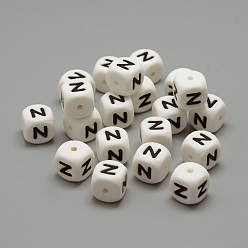 Белый Пищевые экологически чистые силиконовые бусины, горизонтальное отверстие, изготовление ожерелий diy, стиль письма, кубические, белые, 12x12x12 мм, отверстие : 2 мм