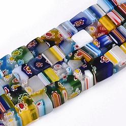 Colorful Handmade Millefiori Glass Beads Strands, White Porcelain, Cube, Colorful, Size: about 8mm wide, 8mm long, 8mm high, hole: 1mm, about 50pcs/strand, 16 inch