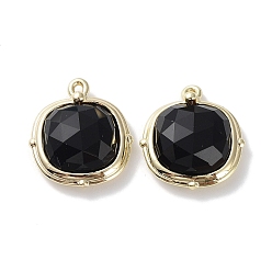 Обсидиан Природные подвески обсидиана, граненые квадратные подвески, с позолоченными латунными петлями по краям, 16x14x5 мм, отверстие : 2 мм
