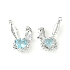 Pale Turquoise Brass Micro Pave Cubic Zirconia Pendants, Rabbit Head Charm, Real Platinum Plated, Pale Turquoise, 24x20.5x5mm, Hole: 1.5mm