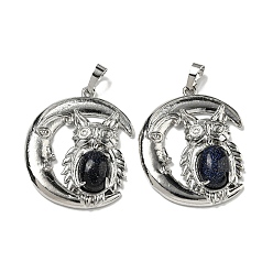 Синий Драгоценный Камень Синтетический синий авантюрин подвески, Подвески в виде совы со стойкой, латунь, луна, платина, без кадмия и без свинца, 38.5x31.5x8 мм, отверстие : 8x5 мм