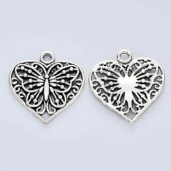 Antique Silver Tibetan Style Alloy Pendants, Cadmium Free & Lead Free, Heart with Butterfly, Antique Silver, 23x22x2mm, Hole: 2mm, about 273pcs/500g