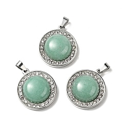 Green Aventurine Natural Green Aventurine Pendants, with Stainless Steel Color Tone 304 Stainless Steel and Crystal Rhinestone Findings, Half Round Charm, 24.5x21x8mm, Hole: 3.5x6mm