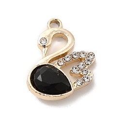 Black UV Plating Alloy Pendants, with Crystal Rhinestone and Glass, Golden, Swan Charms, Black, 19.5x15x5mm, Hole: 1.5mm