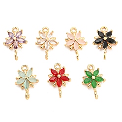 Mixed Color Brass Pave Glass Connector Charms, Golden, Flower Links, Mixed Color, 17.5x11.5x3.5mm, Hole: 1.6mm