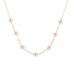 Lilac Real 18K Gold Plated Stainless Steel Flower Beaded Pendant Necklaces for Women, Lilac, 17.72 inch(45cm)