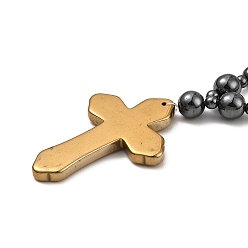 Golden Plated Synthetic Non-Magnetic Hematite Cross Pendant Necklaces for Women Men, with Alloy Magnetic Clasp, Golden Plated, 18.70 inch(47.5cm), 4~8mm