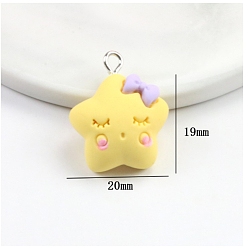 Champagne Yellow Opaque Resin Pendants, with Platinum Tone Iron Loops, Sleeping Star with Bowknot, Champagne Yellow, 24x19x8.5mm, Hole: 2mm