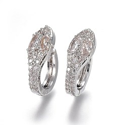 Platinum Brass Hoop Earrings, with Micro Pave Cubic Zirconia, Snake, Clear, Platinum, 18.5x7.2x15mm, Pin: 1mm