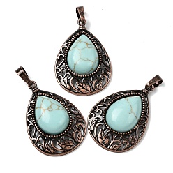 Синтетическая Бирюза Подвески из синтетической бирюзы в форме капли, с винтажной латунной рамкой красного медного оттенка, 34.5x23.5x7.5 мм, отверстие : 8x5 мм