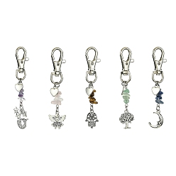 Mixed Shapes Tibetan Style Alloy Pendants Decorations, Gemstone Chips and Lobster Claw Clasps Charm, Heart, Mixed Shapes, 86~95mm