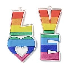 Colorful Opaque Acrylic Pendants, Word LOVE, Colorful, 50x21~25.5x2.5mm, Hole: 1.6mm
