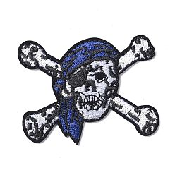 White Computerized Embroidery Cloth Iron on/Sew on Patches, Costume Accessories, Appliques, for Backpacks, Clothes, Pirate Skull/Crossbone with Blue Bandana, White, 48x60x1.8mm