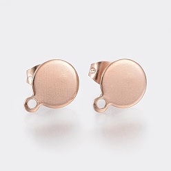 Rose Gold Ion Plating(IP) 304 Stainless Steel Stud Earring Findings, with Loop and Flat Plate, Flat Round, Rose Gold, 10.5x8x0.6mm, Hole: 1.5mm, Pin: 0.8mm