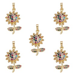 Real 16K Gold Plated Brass Micro Pave Cubic Zirconia Pendants, Sunflower, Real 16K Gold Plated, 25.5x16.5x5mm, Hole: 5x2.5mm, 5pcs/box