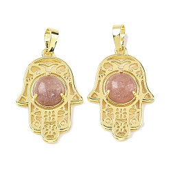 Клубничный Кварц Натуральные кварцевые подвески из клубники, латунные полые хамса ручные амулеты, стойки покрытие, без кадмия и без свинца, золотые, 33x22x6.5 мм, отверстие : 7.5x5 мм