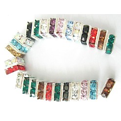 Gemischte Farbe Strass Spacer Perlen Zwischenperlen, Viereck, Nickel frei, Gemischte Farbe, Silberfarbe überzogen, Größe: ca. 8 mm breit, 8 mm lang, 4 mm dick, Bohrung: 1 mm