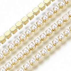 Golden Brass Claw Chains, with ABS Plastic Imitation Pearl Beads, with Spool, Golden, SS8.5, 2.4~2.5mm, about 10yards/roll(9.14m/roll)