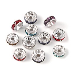 Mixed Color Rhinestone Spacer Beads, Iron with Acrylic Rhinestone, Rondelle, Silver Color Plated, Mixed Color, 8x3.8mm, Hole: 2mm, about 100pcs/bag