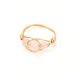 Rose Quartz Copper Wire Wrapped Natural Rose Quartz Braided Bead Rings for Women, Real 18K Gold Plated, US Size 7 3/4, Inner Diameter: 18mm