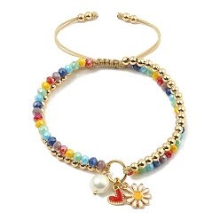 Colorful Heart & Daisy Enamel Charm Bracelet with Shell Pearl, Rainbow Color Glass Braided Bead 2-Strands Bracelets, Nylon Thread Adjustable Bracelet for Women , Colorful, 1/4 inch(0.8cm), Inner Diameter: 2-1/4~3-3/8 inch(5.8~8.5cm) 