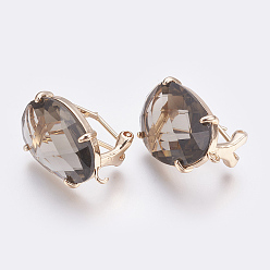 Dark Gray Faceted Glass Stud Earring Findings, with Loop, Light Gold Plated Brass Findings, Oval, Dark Gray, 20x15.5x6~6.5mm, Hole: 1.2mm, Pin: 0.7mm