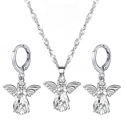 Platinum Alloy Fairy Jewelry Set, Crystal Glass Rhinestone Pendant Necklace and Dangle Leverback Earrings, Platinum, 500mm