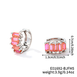 Pink Латунные прямоугольные серьги-кольца, с кубического циркония, платина, розовые, 13x7 мм