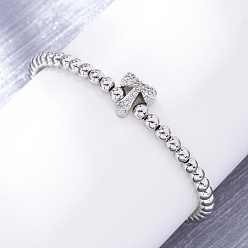 Letter T Латунные круглые бусины эластичные браслеты, Подвеска в виде буквы из латуни с микропаве из прозрачного кубического циркония для женщин, без свинца и без кадмия, стойки покрытие, платина, Письмо T, внутренний диаметр: 2~2-1/8 дюйм (5~5.5 см)