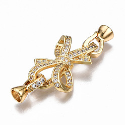 Real 18K Gold Plated Brass Micro Pave Clear Cubic Zirconia Fold Over Clasps, Nickel Free, Bowknot, Real 18K Gold Plated, 41mm long, Bowknot: 18x23x5.5mm, Hole: 8x3mm, Clasps: 12x7x5.5mm, Hole: 3.5mm