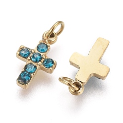 Aquamarine 316 Surgical Stainless Steel Tiny Cross Charms, with Rhinestone and Jump Rings, Golden, Aquamarine, 8.5x5x1.5mm, Hole: 1.6mm