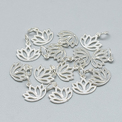 Silver 925 Sterling Silver Charms, with Jump Ring, with 925 Stamp, Lotus, Silver, 10.5x11x1mm, Hole: 4mm