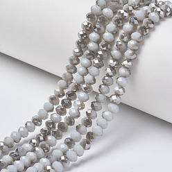 WhiteSmoke Electroplate Opaque Glass Beads Strands, Half Gray Plated, Faceted, Rondelle, WhiteSmoke, 8x6mm, Hole: 1mm, about 65~68pcs/strand, 15.7~16.1 inch(40~41cm)