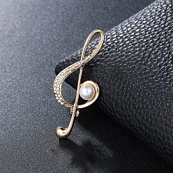 Light Gold Crystal Rhinestone Music Note Brooch Pin with Imitation Pearl Beaded, Alloy Badge for Backpack Clothes, Light Gold, 57x23mm