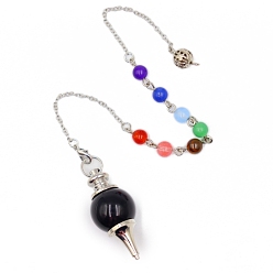 Black Onyx Natural Black Onyx Sphere Dowsing Pendulums, with Mxed Stone beads Chains, Detachable Round Charm, Cone, 180mm