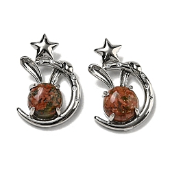 Унакит Природные подвески Unakite, Подвески в виде кролика со стойкой из латуни, луны и звезды, платина, без кадмия и без свинца, 27.5x18x9 мм, отверстие : 6x2.5 мм