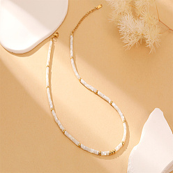 White Dyed Natural Shell Disc Beaded Necklaces, with Brass Clasp, White, 16.54 inch(420mm)