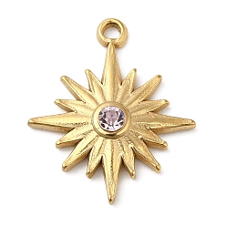 Lilac Real 18K Gold Plated 304 Stainless Steel Pendants, with Glass, Sun Charms, Lilac, 20x17x3mm, Hole: 1.5mm