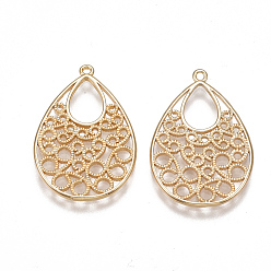 Real 18K Gold Plated Brass Filigree Pendants, Nickel Free, Real 18K Gold Plated, teardrop, 25~26x16~17x1mm, Hole: 1mm