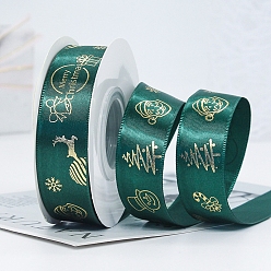 Teal 22M Flat Christmas Santa Claus Printed Polyester Satin Ribbons, Hot Stamping Ribbons, Teal, 1 inch(25mm), about 24.06 Yards(22m)/Roll