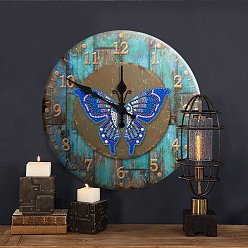 Butterfly DIY Clock Diamond Painting Kits, Including Round Plastic Plate, Resin Rhinestones, Diamond Sticky Pen, Tray Plate and Glue Clay, Butterfly Pattern, 300x300mm