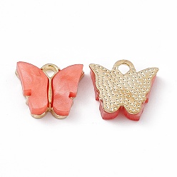 Coral Acrylic Charms, with Light Gold Tone Alloy Finding, Butterfly Charm, Coral, 13x14x3mm, Hole: 2mm