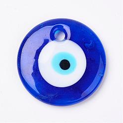 Bleu Pendentifs faits à la main lampwork evil eye, plat rond, bleu, 35x6mm, Trou: 4mm