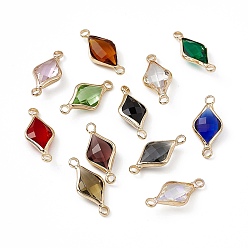 Mixed Color Transparent K9 Glass Connector Charms, with Light Gold Plated Brass Findings, Faceted, Rhombus Links, Mixed Color, 22x10x4.5mm, Hole: 2mm