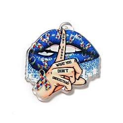 Lip Printed Acrylic Pendants, Lips Finger with Word Don't Jugde What You Don't Understand Charms, 34x31x2mm, Hole: 1.8mm