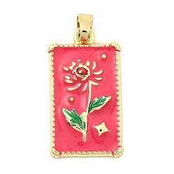Светло-Вишневый Латунь эмаль подвески, прямоугольник и цветок, стойки покрытие, долговечный, без кадмия и без свинца, золотые, светло-вишневый, 28.5x15.5x3.5 мм, отверстие : 3.5 мм